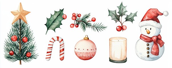 Colorful Christmas elements including a tree, snowman, holly, and ornaments perfect for festive designs.