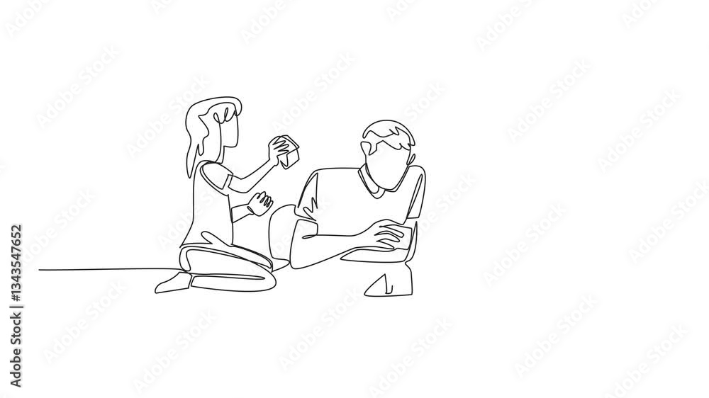 Poster animated self drawing of single continuous line drawing father lying on the floor playing building b