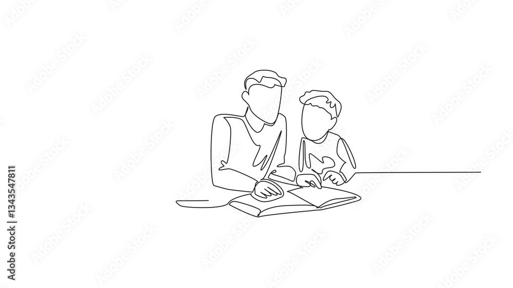 Poster self drawing animation single one line drawing father lying down reading book with son and daughter.