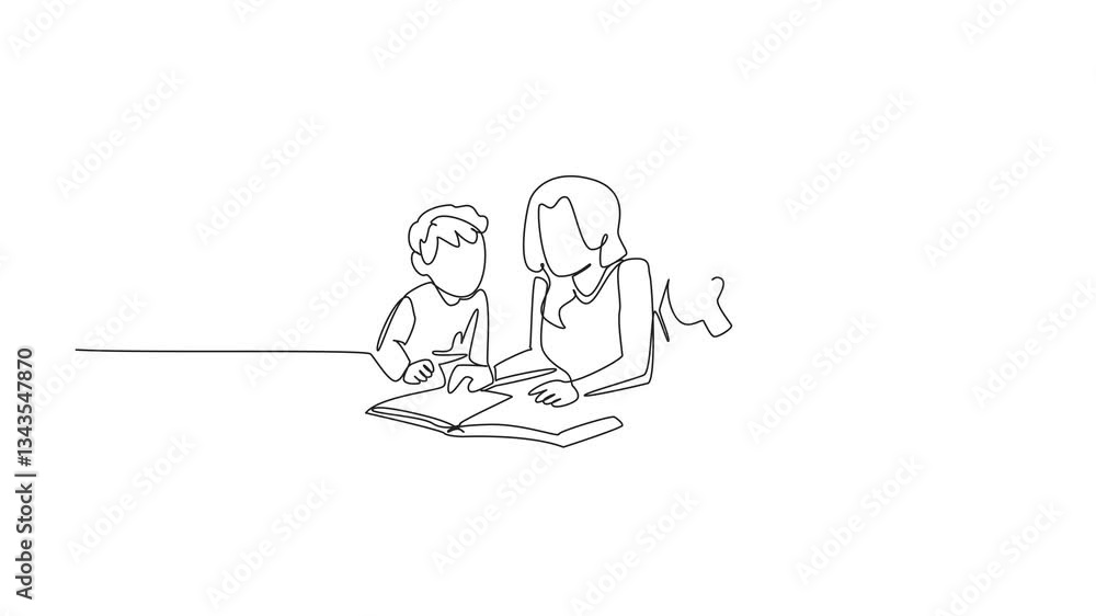 Aufkleber animated self drawing of single continuous line drawing mother lying on the floor reading a book wit