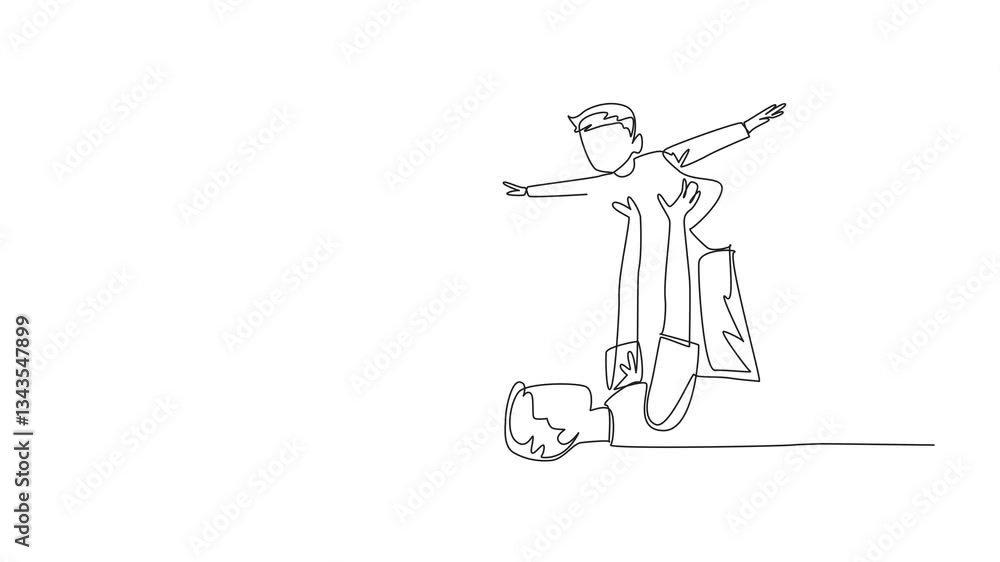Poster animation of continuous one line drawing of father lying on the floor lifting son. playing like an a