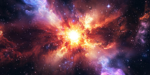 Fototapeta premium A cosmic 3D background showcasing a breathtaking nebula explosion, with swirling clouds of stardust illuminated by a central supernova. The vibrant color transitions create a mesmerizing celestial