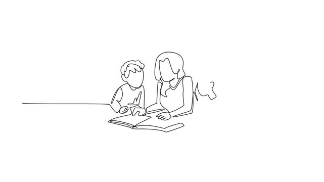 Animated self drawing of single continuous line drawing mother lying on the floor reading a book with her daughter and son. Example for love reading. National Single Parent Day. Full length animation - Powered by Adobe