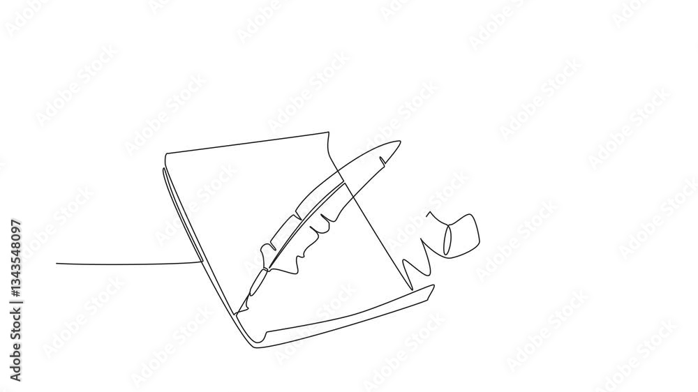 Poster animated self drawing single continuous line drawing a sheet of paper with quill. there is an inkwel