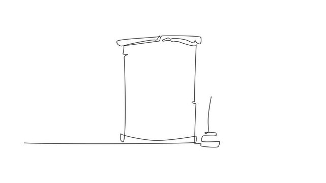 Self drawing animation of single one line drawing A sheet of old paper rolled up in standing position. History is written through language. Light but meaningful. World Poetry Day. Full length animated