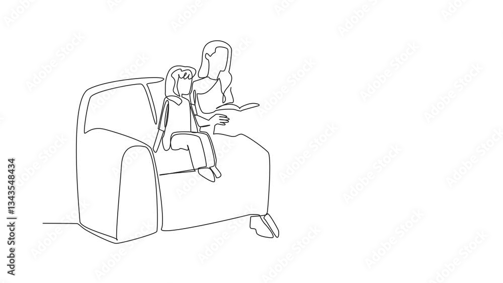 Poster self drawing animation of continuous one line drawing mother reading a book on sofa while hugging he