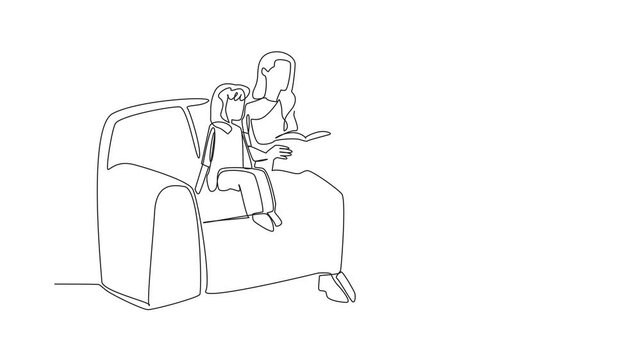 Self drawing animation of continuous one line drawing mother reading a book on sofa while hugging her daughter and son. Reading inspirational stories. National Single Parent Day. Full length animated - Powered by Adobe