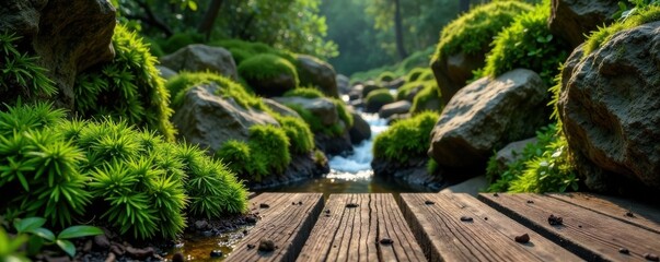 Mossy wooden background with damp mossy rocks, wooden background, damp