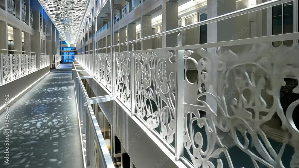 Poster intricate patterns and modern lighting create a stunning atmosphere in a spacious corridor featuring