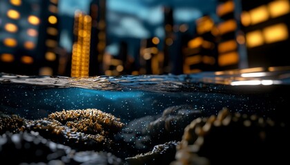 Underwater Cityscape Vision Futuristic Urban Scenery Submerged Metropolis Dreamscape Evening Ambience
