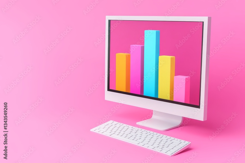 Poster colorful 3d bar graph on computer screen with keyboard on pink background for business growth