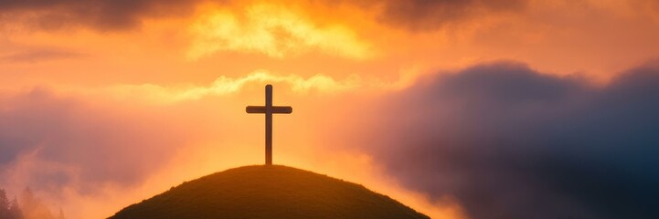 Golden sunrise over hilltop cross, Easter spirituality symbol, serene religious landscape, peaceful dawn