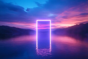 Floating neon door on water at sunrise with hills and a beautiful sky  an abstract scene
