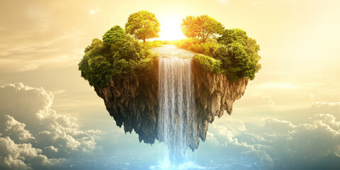 A fantasy-inspired 3D background depicting an enchanted waterfall cascading from a floating island, shimmering with magical energy. The ethereal glow and lush surroundings create a dreamlike,