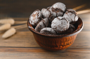 Fresh pastries. Delicious cookies on a wooden background