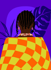 Abstract contemporary poster, wall art design with beautiful black woman in vivid bright neon color palette. Gorgeous African lady with exotic hairstyle vector bohemian art illustration