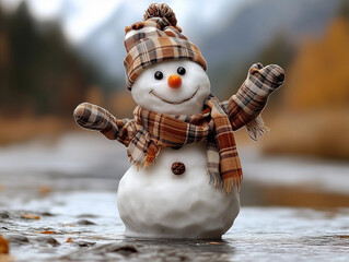 Snowman in the snow, winter image for a greeting card.