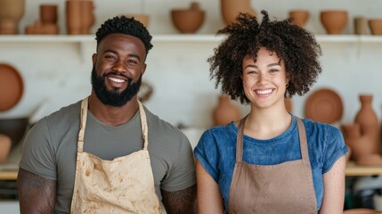 African American male and female potters smiling in studio, creative art, small business teamwork