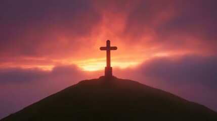 Majestic cross silhouetted against vibrant sunset sky, symbol of Easter, spirituality, religious faith, hope