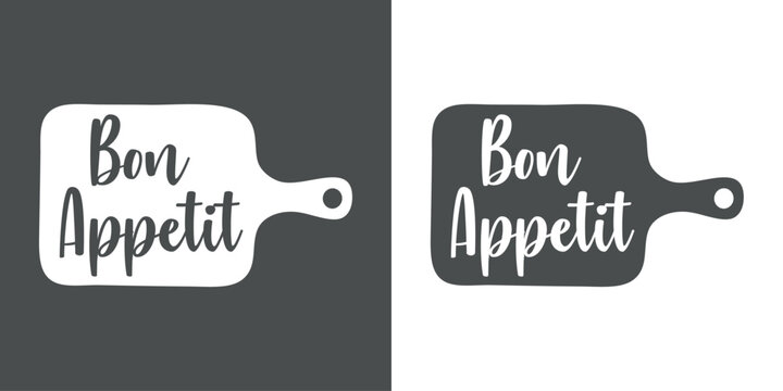 Logo restaurante. Mensaje Bon Appetit en silueta de tabla de cortar de madera