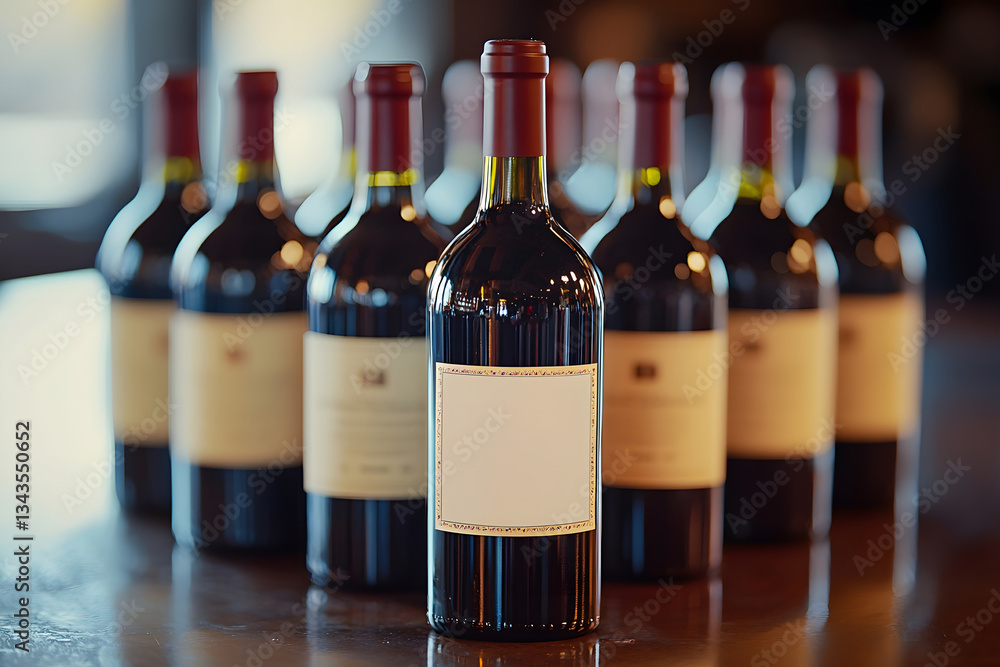 Aufkleber collection of wine bottles with blank labels on a wooden surface. generative ai.
