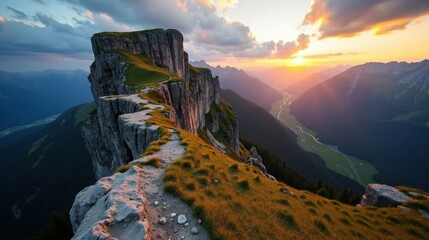 Creux du Van at dusk under clear skies, its rocky arc illuminated by the warm glow of the setting sun. A breathtaking view of Switzerland’s geological marvel.