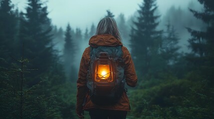 Hiker with lantern exploring misty forest at dawn