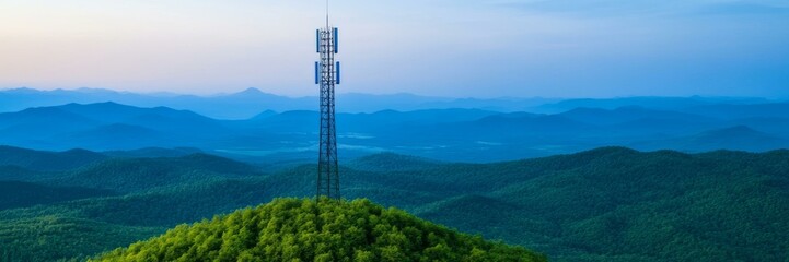 Obraz premium Cell tower on lush green hilltop, communication technology, scenic landscape, connectivity infrastructure