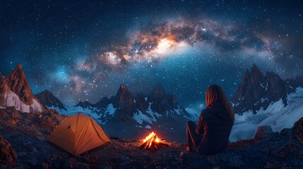 A hiker gazes in awe at the Milky Way above a mountain campsite