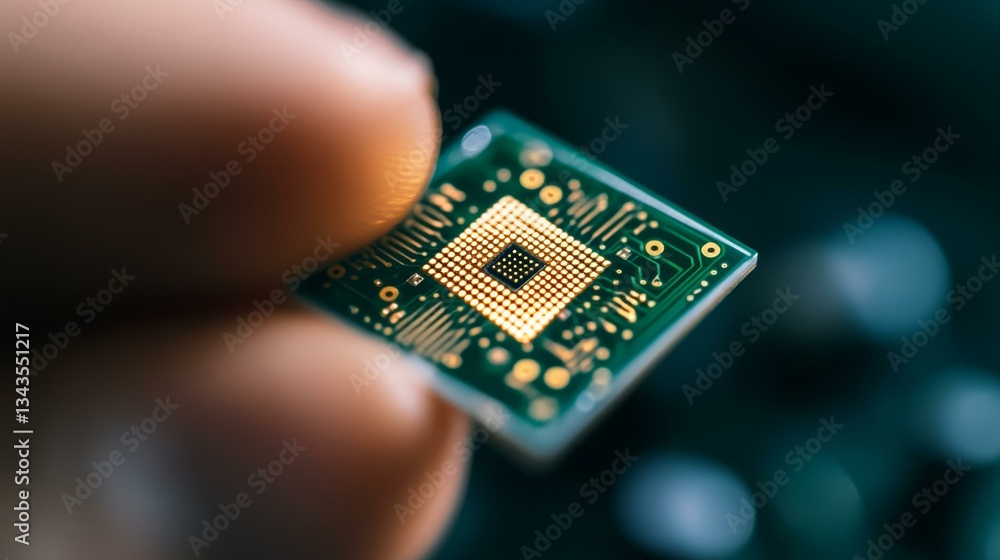 Poster close-up of a microchip held by hand, technology innovation, microelectronics, digital computing con