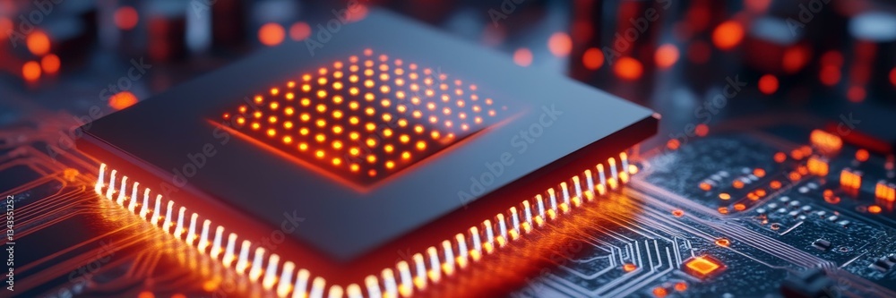 Poster futuristic microchip glowing with red lights on a circuit board, innovative technology and computing