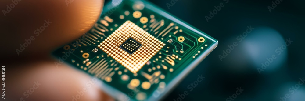 Poster close-up of a microchip in hand, technology innovation, computing power, electronic circuit engineer