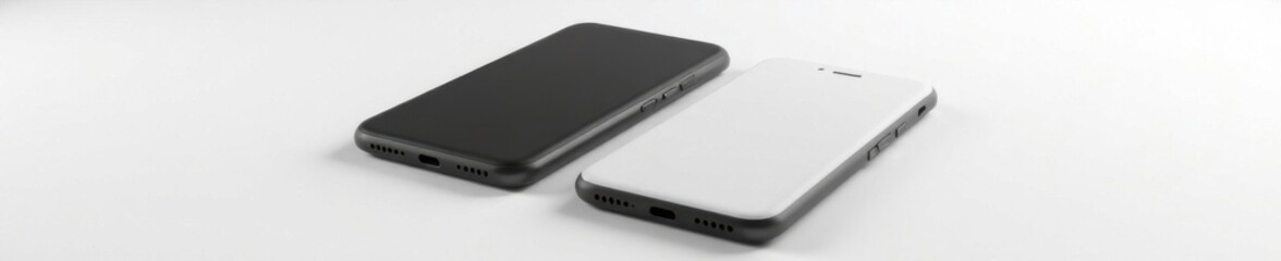Fototapeta premium Sleek mobile phone duo in black and white with blank screens sitting on a clean white surface, ready for capture, clean background, whitephone