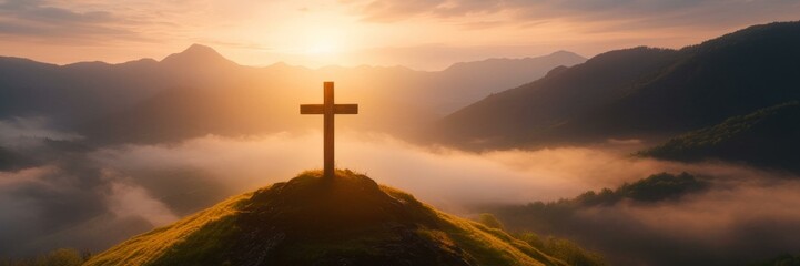 Sunrise behind a cross on a hill, symbolizing spirituality, peace, and Christian holidays like Easter