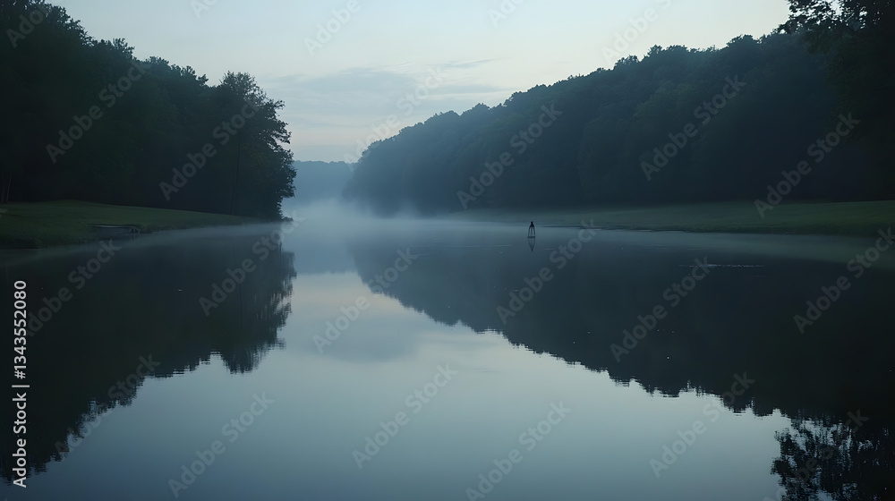 Poster peaceful lake surrounded by lush green trees in the background creating a beautiful reflection in th