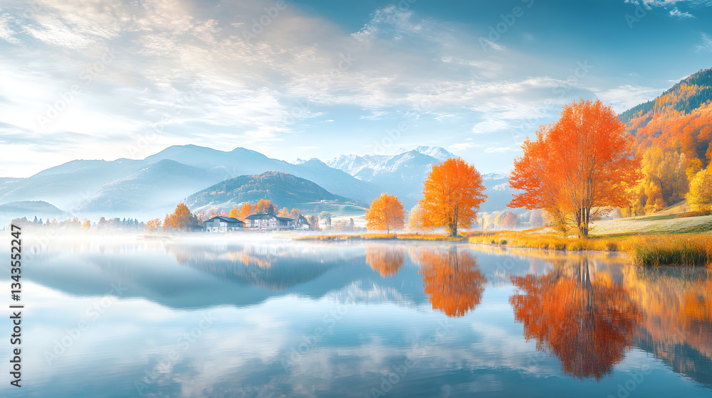 Poster stunning lake with a majestic mountain in the background creating a beautiful reflection in the calm