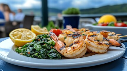 Grilled shrimp skewers with lemon and spinach, summer outdoor barbecue, seafood cuisine, fresh meal
