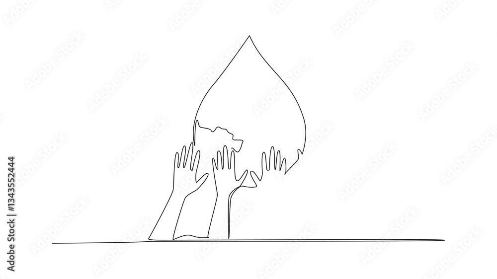 Poster animation of continuous one line drawing of some hands holding water drop. must continue to maintain