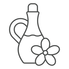 Juice jug with flower thin line icon, hot summer drinks concept. Vector graphics. Flower and bottle with flavored liquid sign on white background, outline style icon for mobile or web design.