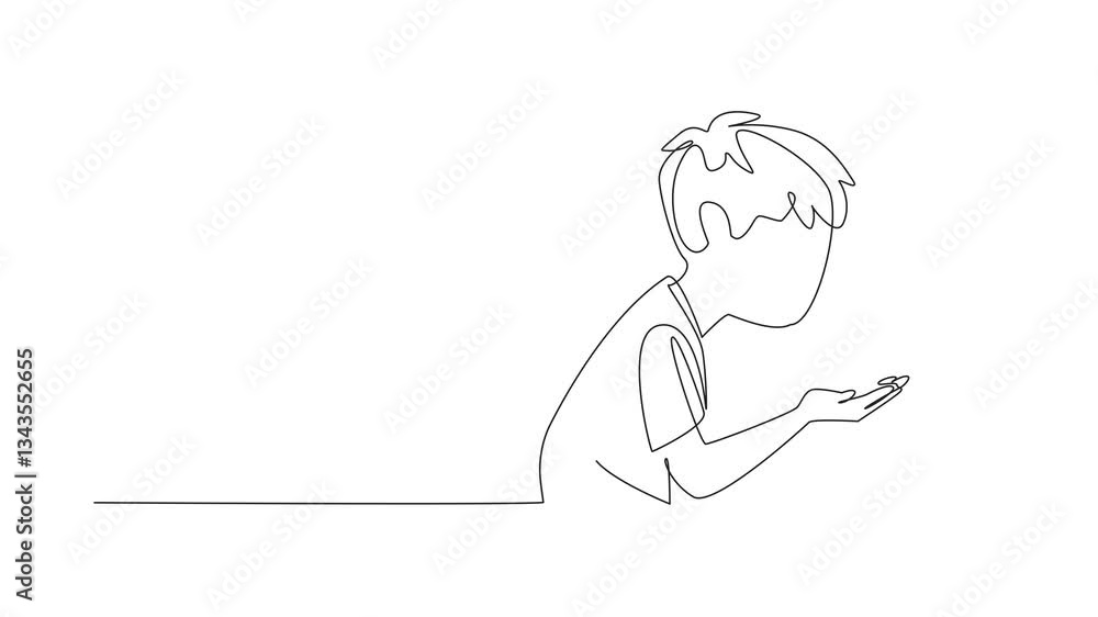 Poster self drawing animation of single continuous line drawing little boy holds and inhales water with his