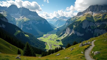 Obraz premium Aerial view of Engadin Valley, Switzerland, at midday with overcast skies. Lush meadows, winding rivers, and towering peaks form a breathtaking natural panorama.
