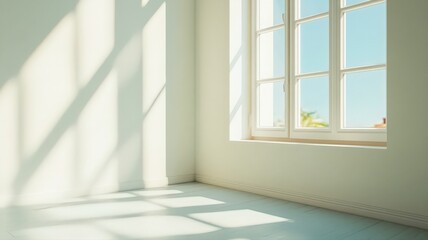 Sunlit Empty Room with White Walls and Window