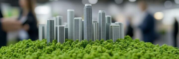 Miniature cityscape amidst lush greenery, urban planning concept, sustainable cities, green architecture modeling
