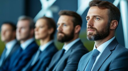 Focused business professionals in formal attire during a meeting, teamwork, corporate leadership, business strategy