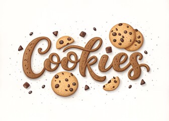 
font lettering COOKIES with chocolate chip cookie texture isolated on white background