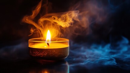 Candlelight creates a warm atmosphere with gentle smoke swirling in dim surroundings for a cozy evening. Meditation Month