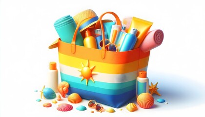 Obraz premium Aesthetic summer tote with rolled-up towel, sunglasses, and sunscreen, isolated on white.