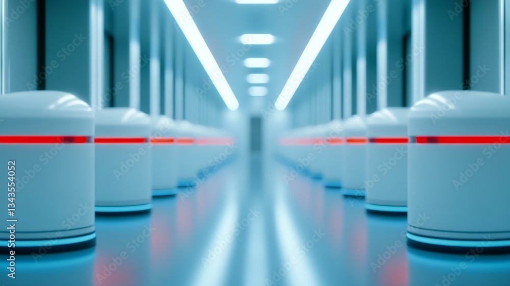 Poster futuristic robotic machines in a high-tech hallway, automation and innovation, artificial intelligen