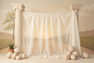 Classical Pillar with Drapery and Desert Scene