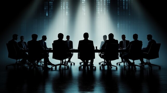 Secretive Business Meeting: Silhouetted Figures in a Dimly Lit Conference Room - Powered by Adobe